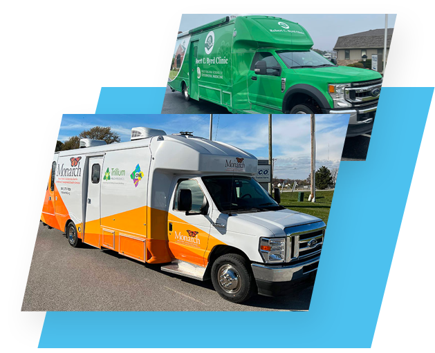 Angular collage featuring two brightly-colored mobile clinics in orange and green