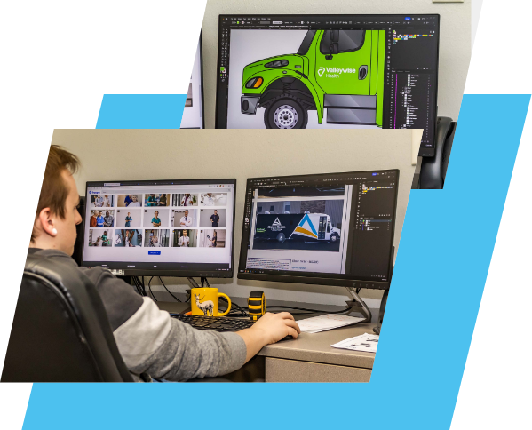 Angular collage featuring two brightly-colored mobile clinics in orange and green