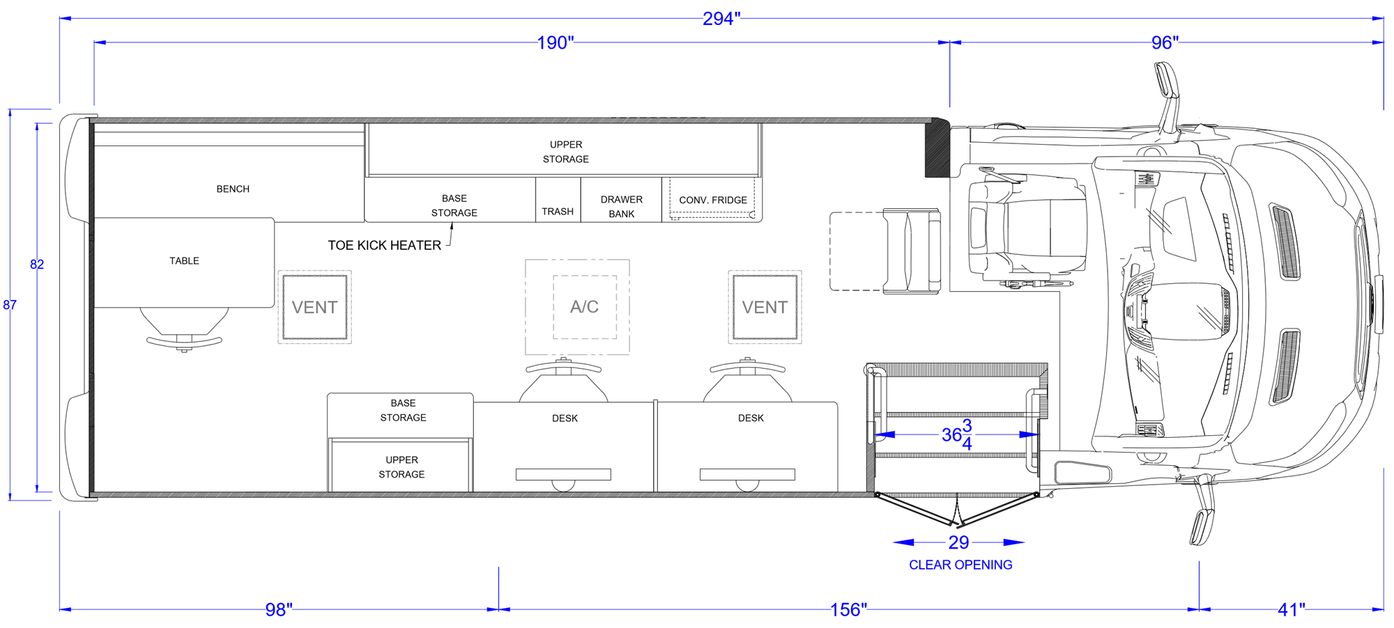 Sample Ford Transit floorplan with two desks, a table and bench, storage, and a wheelchair lift