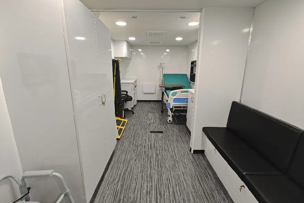 Medical simulation training lab on wheels with healthcare education equipment